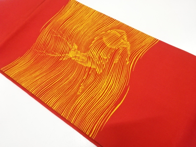 塩瀬　よろけ横段に鹿模様　名古屋帯